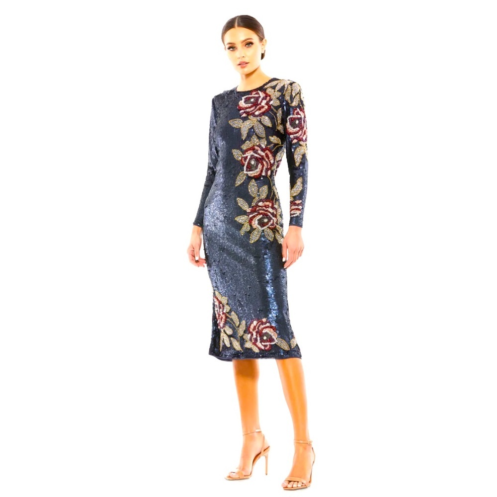Mac Duggal SEQUINED ASYMMETRICAL FLORAL‎ LONG SLEEVE MIDI DRESS in midnight
